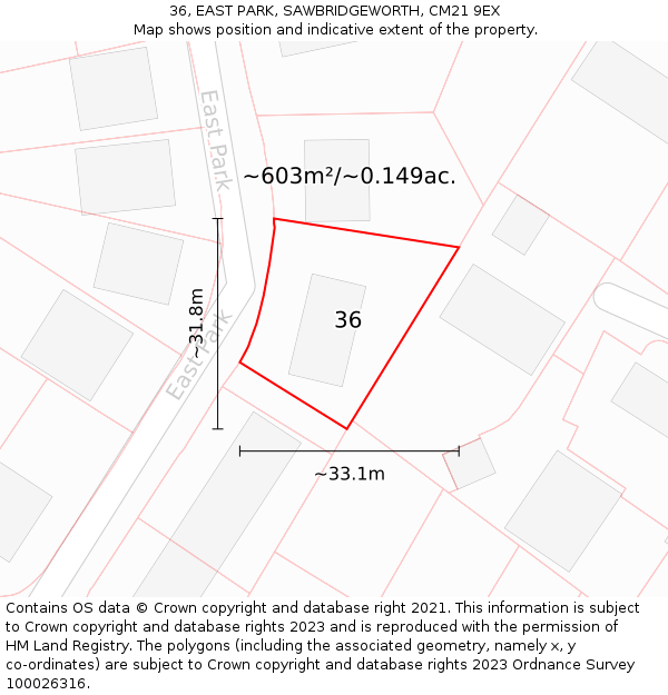 36, EAST PARK, SAWBRIDGEWORTH, CM21 9EX: Plot and title map