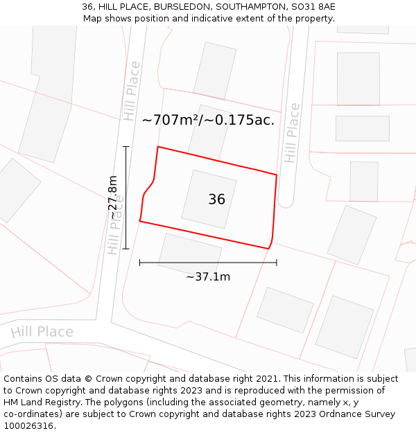 36, HILL PLACE, BURSLEDON, SOUTHAMPTON, SO31 8AE: Plot and title map