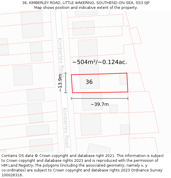 36, KIMBERLEY ROAD, LITTLE WAKERING, SOUTHEND-ON-SEA, SS3 0JP: Plot and title map