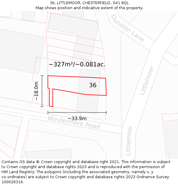 36, LITTLEMOOR, CHESTERFIELD, S41 8QL: Plot and title map