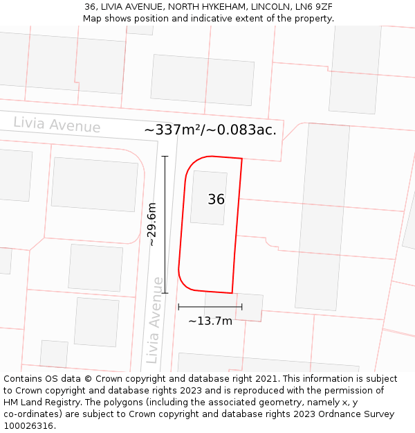 36, LIVIA AVENUE, NORTH HYKEHAM, LINCOLN, LN6 9ZF: Plot and title map