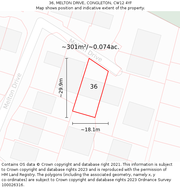 36, MELTON DRIVE, CONGLETON, CW12 4YF: Plot and title map