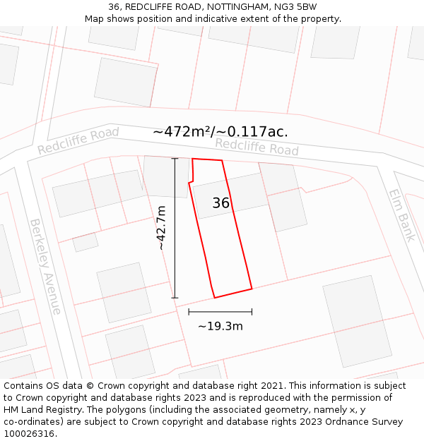 36, REDCLIFFE ROAD, NOTTINGHAM, NG3 5BW: Plot and title map