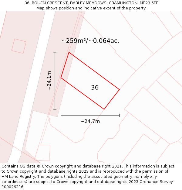 36, ROUEN CRESCENT, BARLEY MEADOWS, CRAMLINGTON, NE23 6FE: Plot and title map