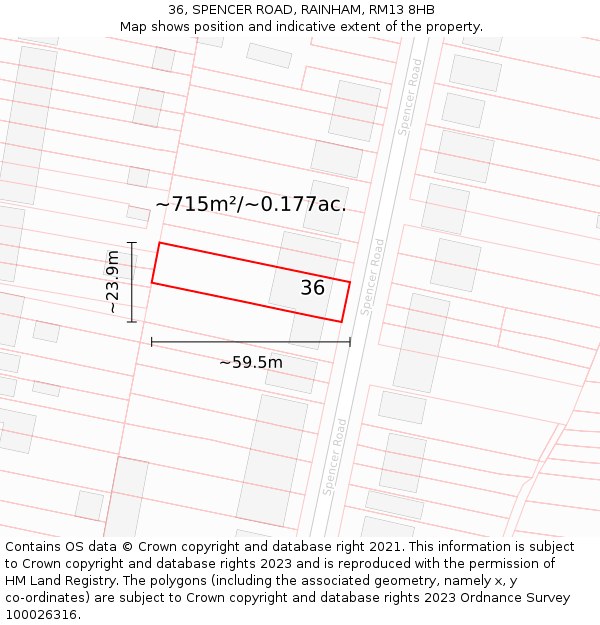 36, SPENCER ROAD, RAINHAM, RM13 8HB: Plot and title map