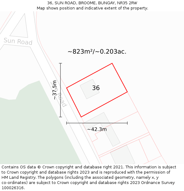 36, SUN ROAD, BROOME, BUNGAY, NR35 2RW: Plot and title map