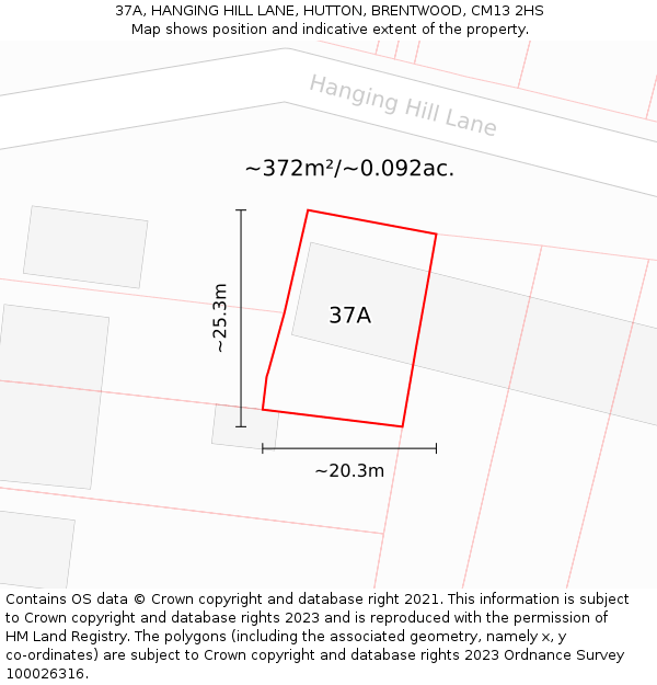 37A, HANGING HILL LANE, HUTTON, BRENTWOOD, CM13 2HS: Plot and title map