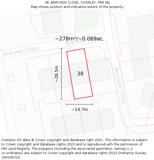 38, BRACKEN CLOSE, CHORLEY, PR6 0EJ: Plot and title map