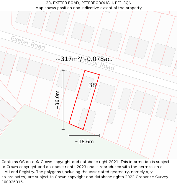 38, EXETER ROAD, PETERBOROUGH, PE1 3QN: Plot and title map