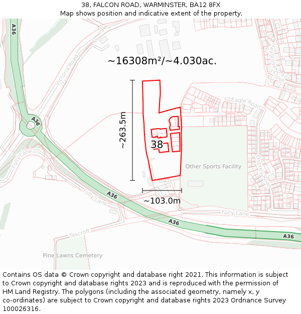 38, FALCON ROAD, WARMINSTER, BA12 8FX: Plot and title map