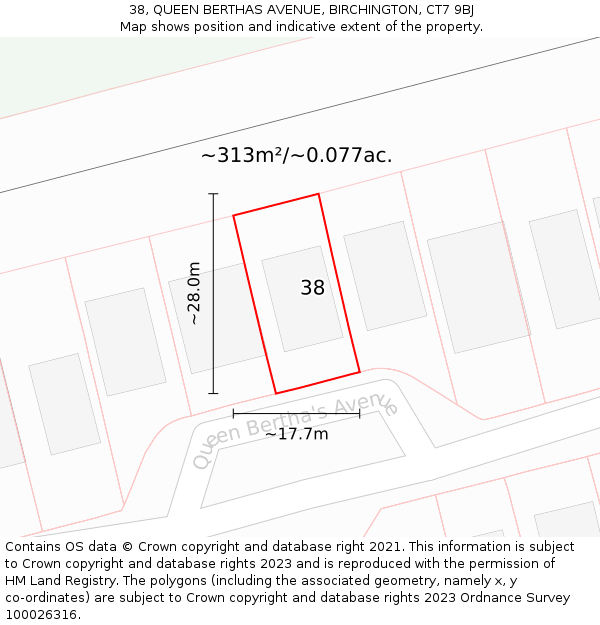 38, QUEEN BERTHAS AVENUE, BIRCHINGTON, CT7 9BJ: Plot and title map