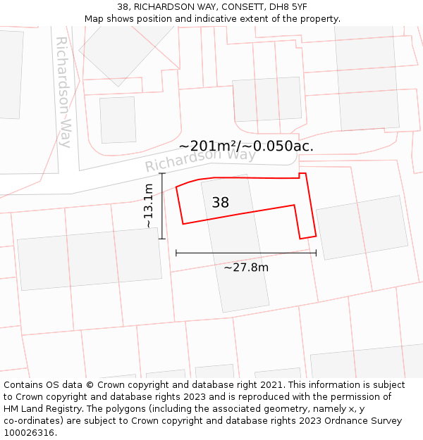 38, RICHARDSON WAY, CONSETT, DH8 5YF: Plot and title map