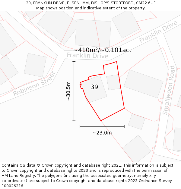 39, FRANKLIN DRIVE, ELSENHAM, BISHOP'S STORTFORD, CM22 6UF: Plot and title map