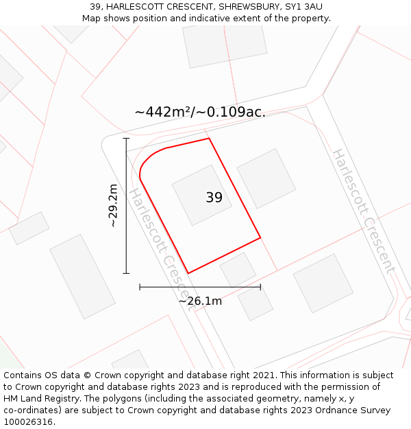 39, HARLESCOTT CRESCENT, SHREWSBURY, SY1 3AU: Plot and title map