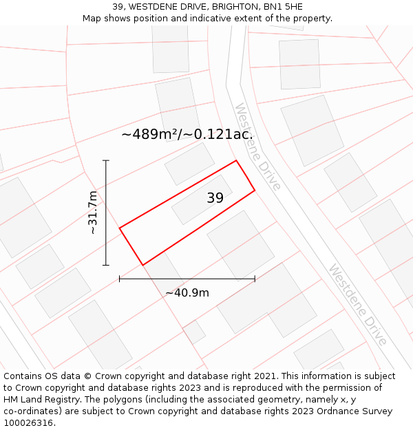 39, WESTDENE DRIVE, BRIGHTON, BN1 5HE: Plot and title map