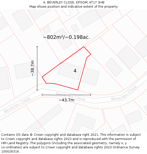 4, BEVERLEY CLOSE, EPSOM, KT17 3HB: Plot and title map