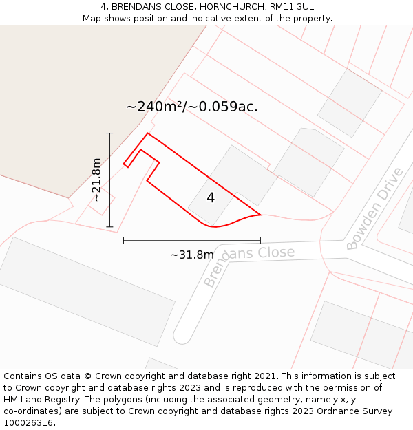 4, BRENDANS CLOSE, HORNCHURCH, RM11 3UL: Plot and title map