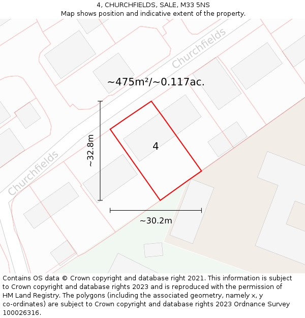 4, CHURCHFIELDS, SALE, M33 5NS: Plot and title map