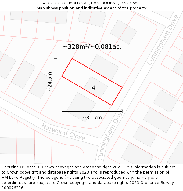 4, CUNNINGHAM DRIVE, EASTBOURNE, BN23 6AH: Plot and title map