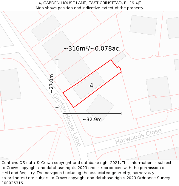 4, GARDEN HOUSE LANE, EAST GRINSTEAD, RH19 4JT: Plot and title map