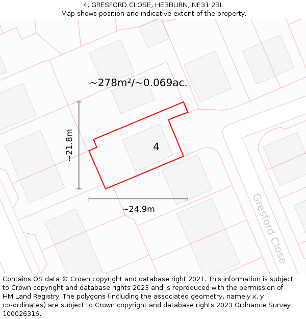 4, GRESFORD CLOSE, HEBBURN, NE31 2BL: Plot and title map