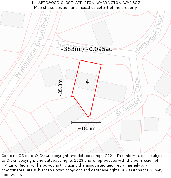 4, HARTSWOOD CLOSE, APPLETON, WARRINGTON, WA4 5QZ: Plot and title map