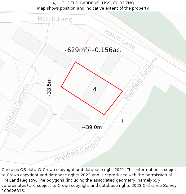 4, HIGHFIELD GARDENS, LISS, GU33 7NQ: Plot and title map