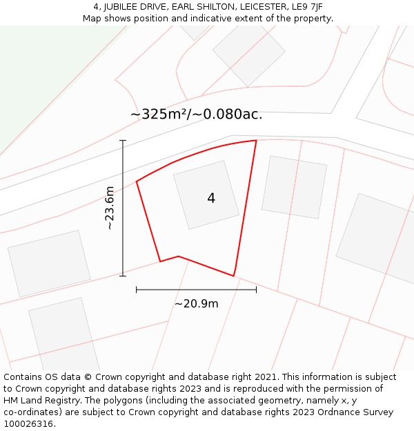 4, JUBILEE DRIVE, EARL SHILTON, LEICESTER, LE9 7JF: Plot and title map