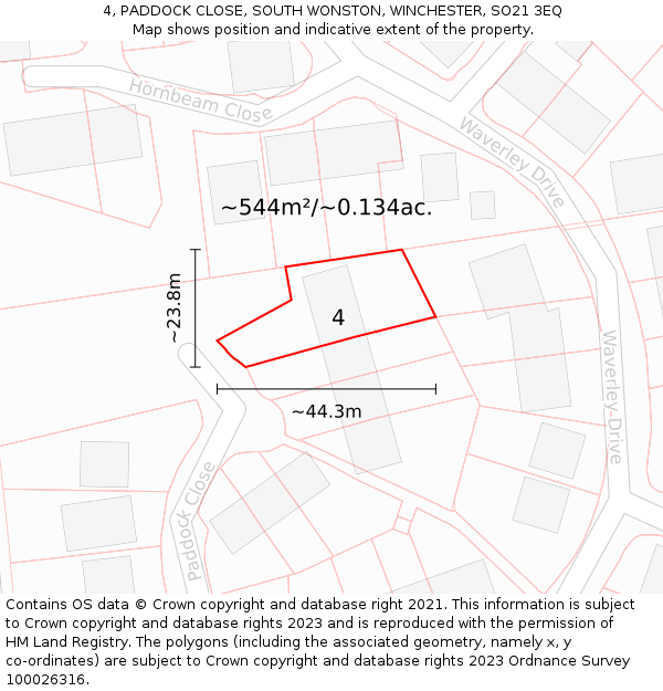 4, PADDOCK CLOSE, SOUTH WONSTON, WINCHESTER, SO21 3EQ: Plot and title map