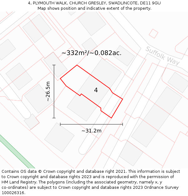 4, PLYMOUTH WALK, CHURCH GRESLEY, SWADLINCOTE, DE11 9GU: Plot and title map