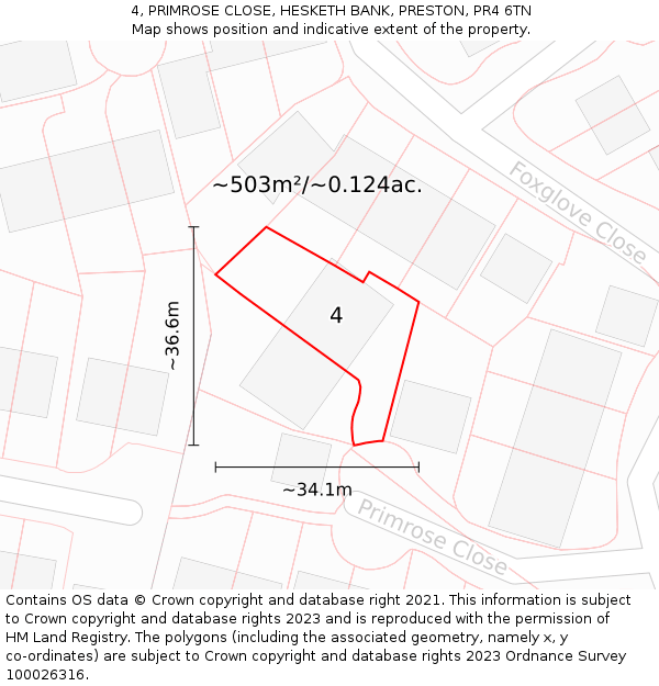 4, PRIMROSE CLOSE, HESKETH BANK, PRESTON, PR4 6TN: Plot and title map