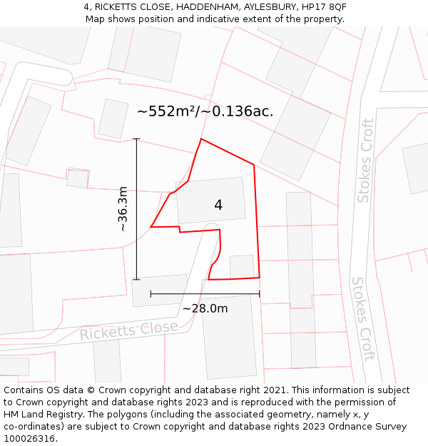 4, RICKETTS CLOSE, HADDENHAM, AYLESBURY, HP17 8QF: Plot and title map