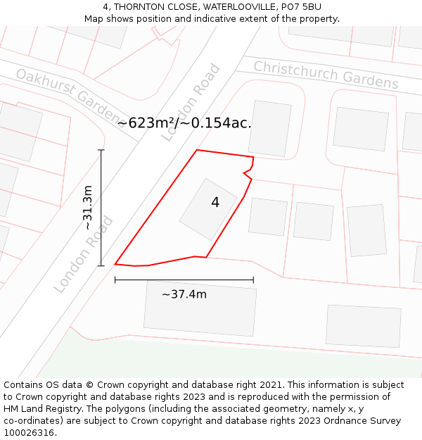 4, THORNTON CLOSE, WATERLOOVILLE, PO7 5BU: Plot and title map