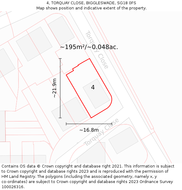 4, TORQUAY CLOSE, BIGGLESWADE, SG18 0FS: Plot and title map