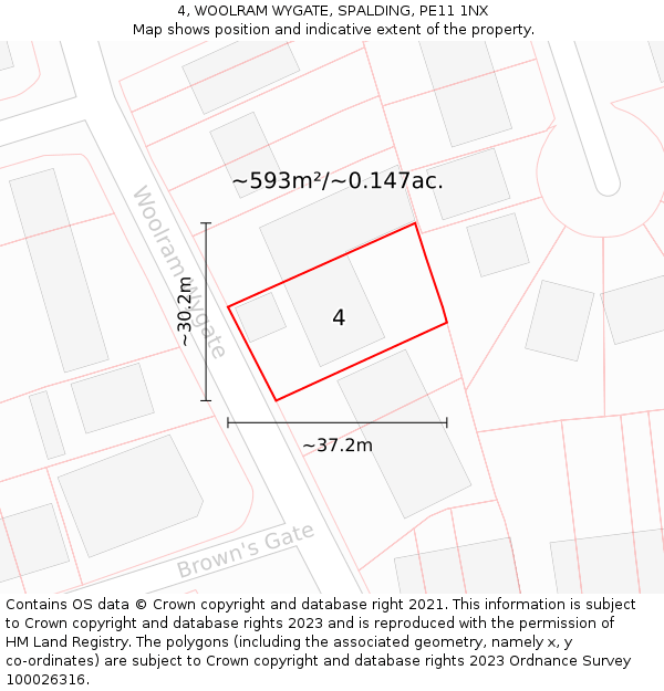 4, WOOLRAM WYGATE, SPALDING, PE11 1NX: Plot and title map