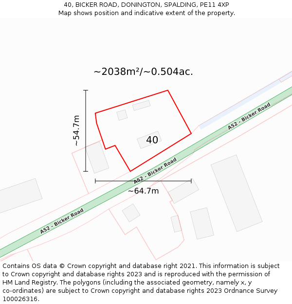 40, BICKER ROAD, DONINGTON, SPALDING, PE11 4XP: Plot and title map