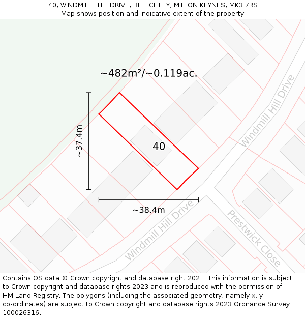 40, WINDMILL HILL DRIVE, BLETCHLEY, MILTON KEYNES, MK3 7RS: Plot and title map