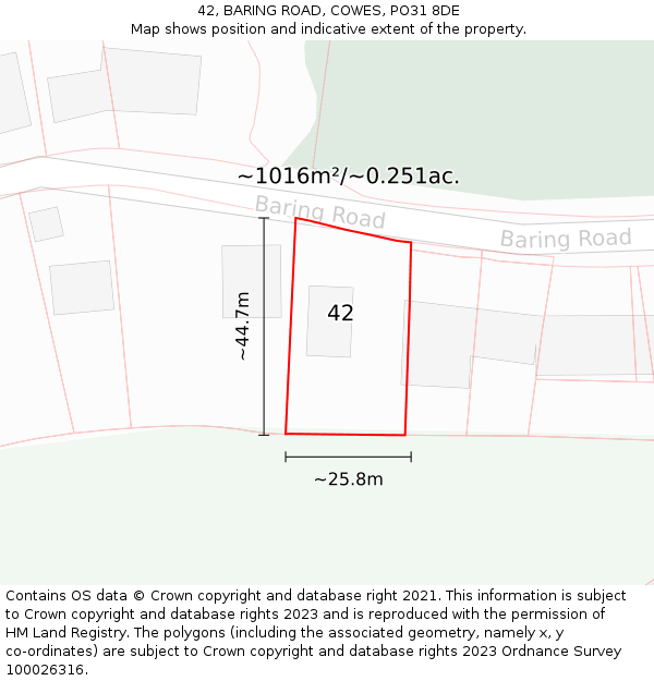 42, BARING ROAD, COWES, PO31 8DE: Plot and title map