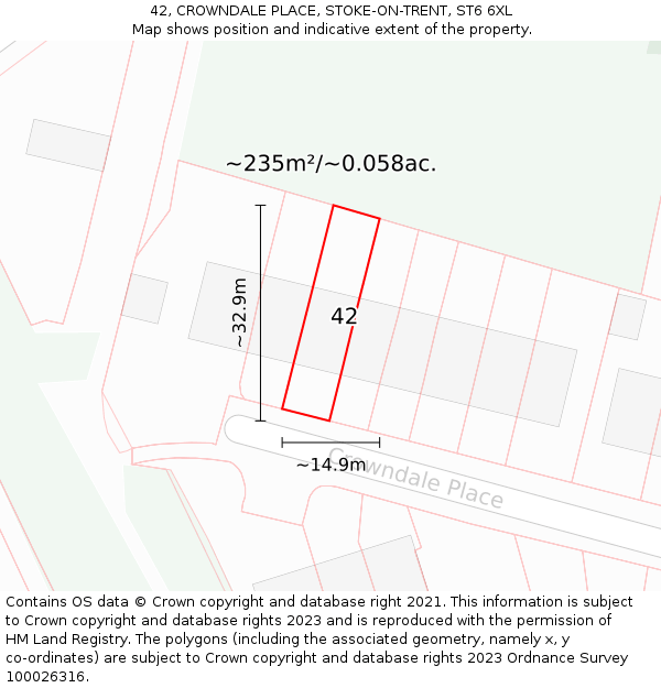 42, CROWNDALE PLACE, STOKE-ON-TRENT, ST6 6XL: Plot and title map