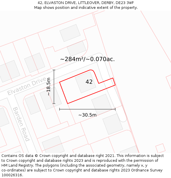 42, ELVASTON DRIVE, LITTLEOVER, DERBY, DE23 3WF: Plot and title map