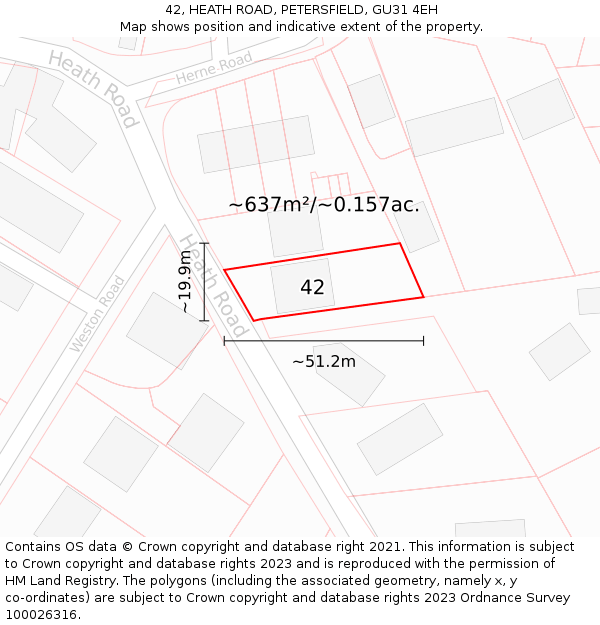 42, HEATH ROAD, PETERSFIELD, GU31 4EH: Plot and title map