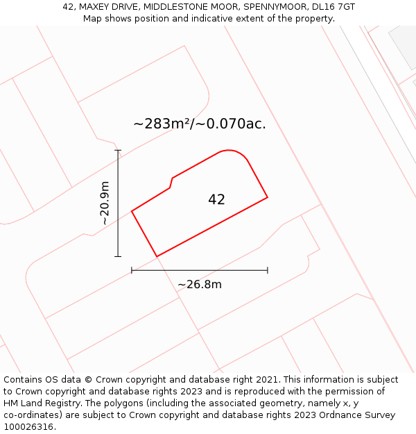 42, MAXEY DRIVE, MIDDLESTONE MOOR, SPENNYMOOR, DL16 7GT: Plot and title map