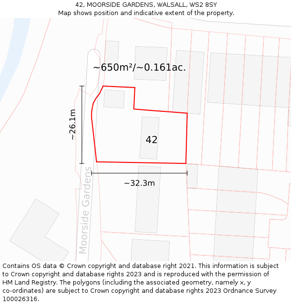 42, MOORSIDE GARDENS, WALSALL, WS2 8SY: Plot and title map