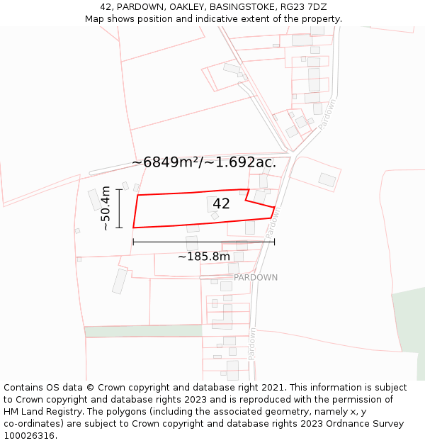 42, PARDOWN, OAKLEY, BASINGSTOKE, RG23 7DZ: Plot and title map