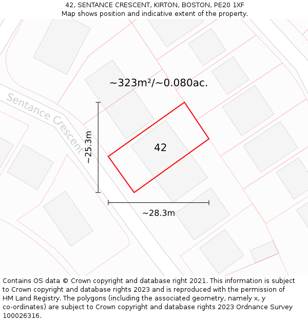 42, SENTANCE CRESCENT, KIRTON, BOSTON, PE20 1XF: Plot and title map