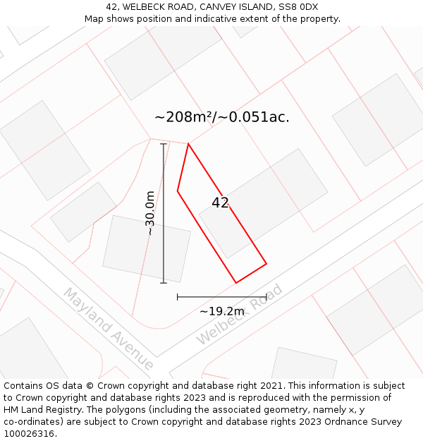 42, WELBECK ROAD, CANVEY ISLAND, SS8 0DX: Plot and title map