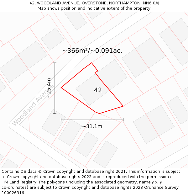 42, WOODLAND AVENUE, OVERSTONE, NORTHAMPTON, NN6 0AJ: Plot and title map