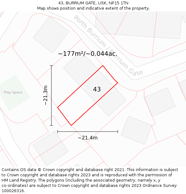 43, BURRIUM GATE, USK, NP15 1TN: Plot and title map