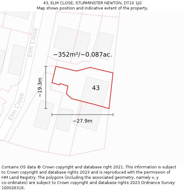 43, ELM CLOSE, STURMINSTER NEWTON, DT10 1JG: Plot and title map