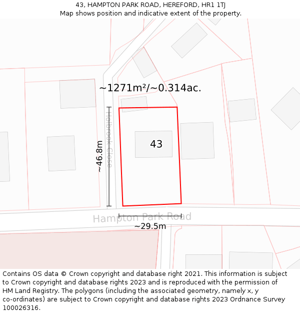 43, HAMPTON PARK ROAD, HEREFORD, HR1 1TJ: Plot and title map